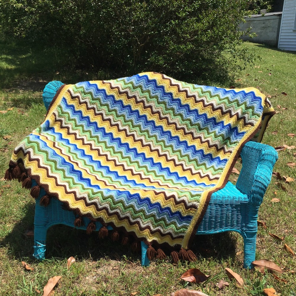 Vintage Crocheted “Ripple” Afghan 65” x 48”